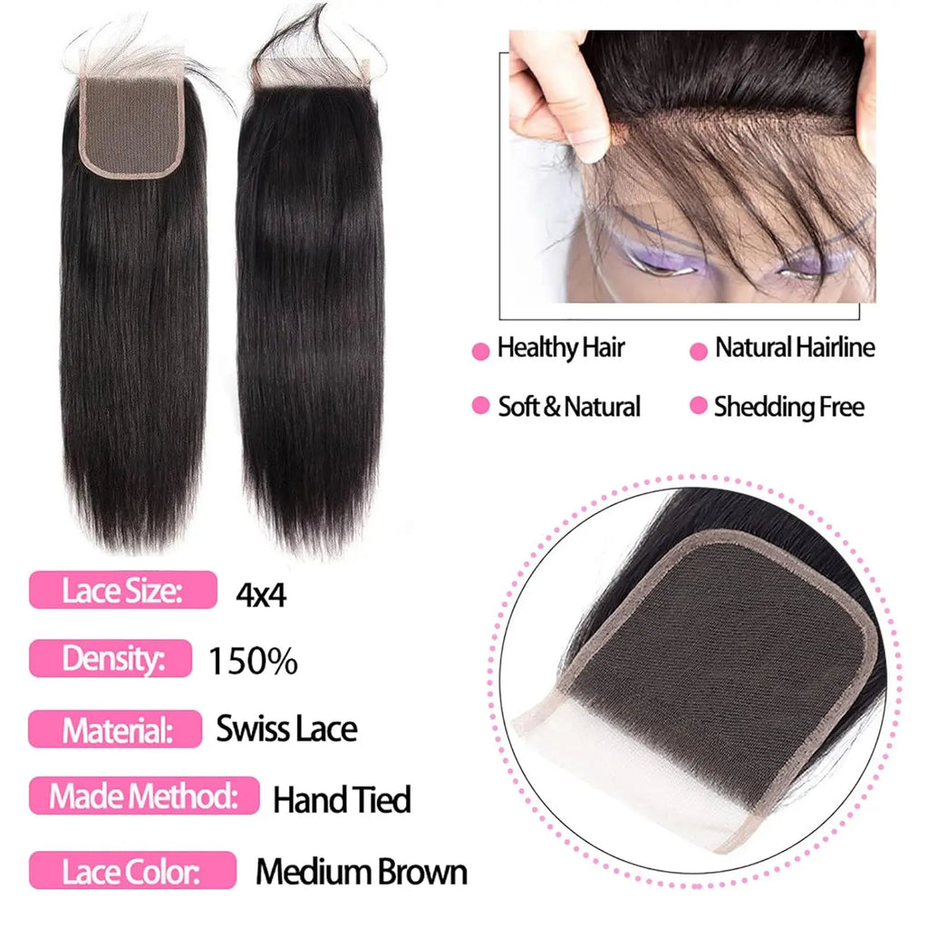 Straight Human Hair  Bundles With Closure