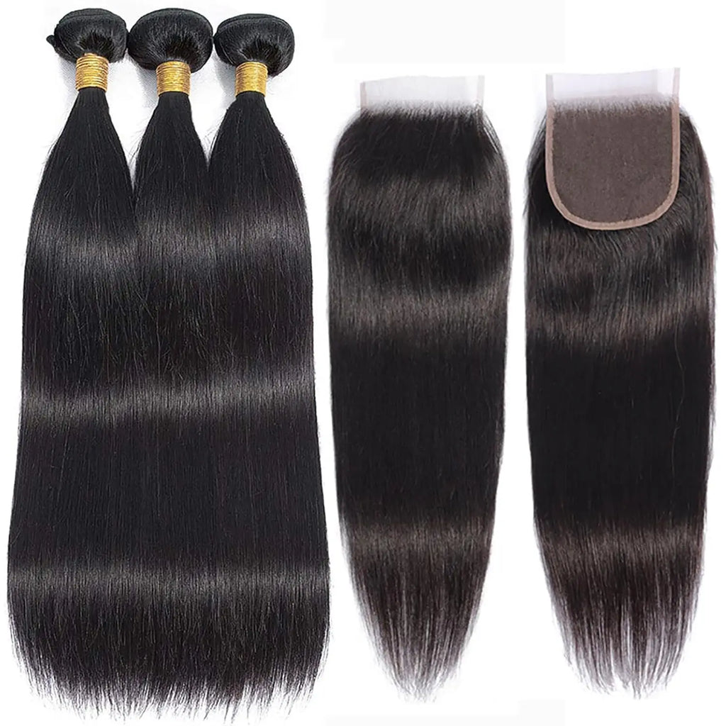 Straight Human Hair  Bundles With Closure