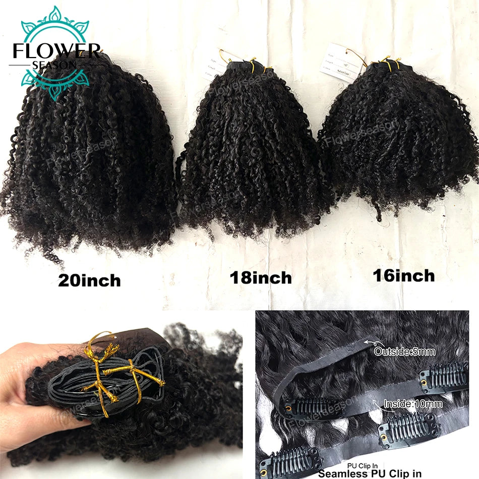 Afro Kinky Curly Seamless PU Clip ins Hair Extensions