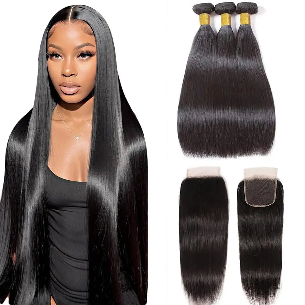 Straight Human Hair  Bundles With Closure